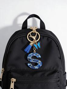 1个A-Y字母钥匙扣，精美蓝色流苏蝴蝶，英文字母钥匙扣，水晶树脂水滴吊坠，女士包包挂饰，汽车挂件，送给她的礼物