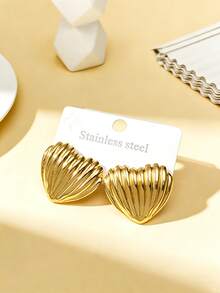 Lady Heart-Shaped Gold Earrings, Lady Girl Heart-Shaped Thick Gold Earrings, Geometric Texture Earrings, 18K Gold Plated Drop Earrings, Retro Heart-Shaped Earrings, Lightweight Declaration Earrings, Thick Golden Metal Earrings, Wedding Earrings, Stainless Steel Pendant Earrings, Low-Allergy, Nickel-Free, Lady Retro Exaggerated-Style Earrings - Multicolor - View 4