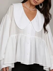 大码女式宽松V领优雅彼得潘领长袖荷叶边下摆纯色衬衫 白色 - 白色 - 查看 4