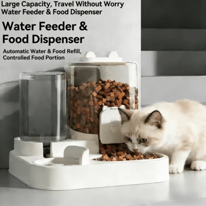 2-In-1 Automatic Pet Feeder And Water Dispenser - No Electricity Needed, Large Capacity Gravity-Fed Food Bowl And Water Bowl, Suitable For Cats And Dogs, Spill-Proof And Non-Slip Design, Easy To Clean, Ideal For Busy Pet Owners When Traveling Or On Vacation, Also Suitable For Daily Use At Home, Office, And During Travel