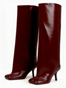 Knee High Boot Square Toe Kitten Heel Stiletto Heeled Boots For Woman Wide Calf Long Boots Heeled Slouchy Formal Shoes Winter Tall Boots For Women - 酒紅色 - 查看 6