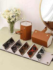 2/3/4/5/6格可折叠悬挂式旅行眼镜盒，PU皮革太阳镜收纳整理架 - 棕色 - 查看 2