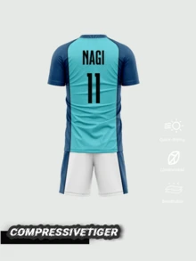 定制男士短袖蓝色锁子甲足球服，动漫男女通用足球服，Nagi 11，ISAGI 11 Cosplay套装，动漫礼物，男女皆宜，情人节夏季礼物 - 淺藍色 - 查看 2