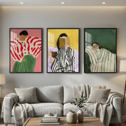 Juego de 3 obras de arte de pared abstractas y de dibujos animados - Impresiones en lienzo de figuras rayadas de colores, pósteres modernos opcionales con marco para decoración de sala de estar, habitación de niños, oficina y baño