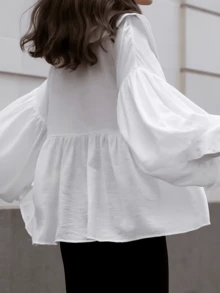 大码女式宽松V领优雅彼得潘领长袖荷叶边下摆纯色衬衫 白色 - 白色 - 查看 6