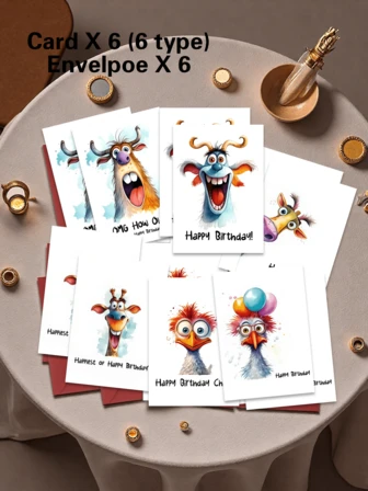 12 grappige verjaardagskaarten met dierenmotief en enveloppen - Unieke cadeaus, verjaardagsdecoraties, verjaardagsbenodigdheden, schoolspullen, schoolbenodigdheden