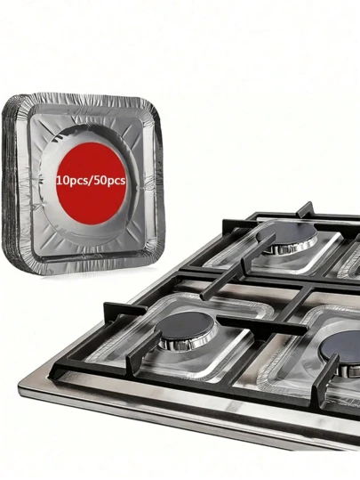 10/20/50pcs Set, Gas Stove Burner Covers, Disposable Aluminum Burner Liners, 8.5 Inch Square Heat Resistant Gas Stove Protector Covers, Thickened Gas Stove Countertop Covers, Kitchen Tools, Kitchen Supplies, Household Kitchen Accessories