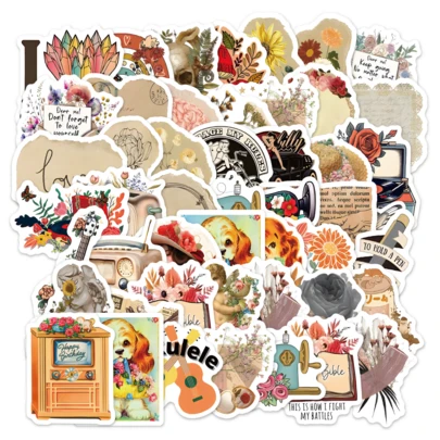 60pcs Vintage Stickers, PVC Gifts, Cartoon Decorations, Scrapbooking, Laptop, Luggage, Guitar, Water Cup, Phone Case, DIY Decals, School Supplies, Back To School Essentials