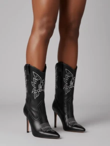 Women Western Ankle Boots High Heel Cowboy Boots Embroidered Pointed Toe Stiletto Heel Cowgirl Boots For Party Festival Outfits - 黑色 - 查看 4