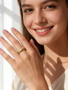 Charm-In Women's Gold-Plated Ripple Textured Wide Band Ring - Retro Bold Accessory For Daily/Streetwear/Evening Events, Stylish Gift For Fashion Lovers - Gold - View 2