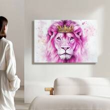 1pc Pink Valentine Decor, Galentine Gift Wooden Framed Wall Art, Wrapped Canvas Vintage Prints Poster, Lion, Crown, Animal Portrait - Botanical, Painting, Figurative Art, Illustrative Style, Perfect Gift Decor, Wall Art For Living Room Bedroom Office, Hanging Hardware Included - Wrapped Framed Canvas, Horizontal - Framed Canvas - View 6