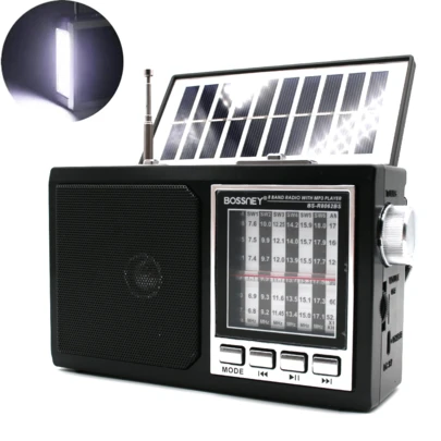 BOSSNEY bocina radio portátil AM/FM/SW: con carga solar,con función de iluminación, con lámpara.con Altavoz y Conector para Auriculares, Ideal para Interiores, Exteriores y Emergencias USB/TF/FM/BT/TWS multifunción recargable exteriores camping música viajes energía alternativa batería larga duración sonido potente