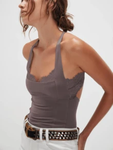 Women Halter Neck Tank Tops Sleeveless Lace Patchwork Summer Slim Fit Cropped Going Out Vest - 咖啡棕 - 查看 2
