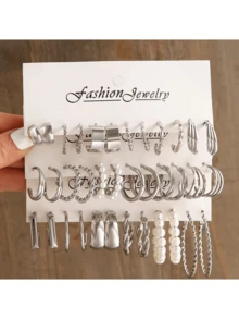 18件套时尚简约珍珠耳环和开口戒指套装，百搭夏季海滩装扮，日常佩戴亦适合女性 - 金黃色 - 查看 2