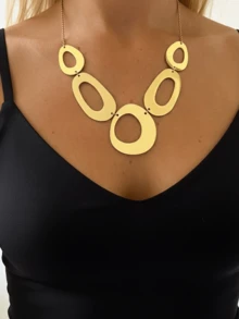 1pc Vintage Exaggerated Geometric Hollow Oval & Water Drop Splice Charm Necklace, Luxurious & Elegant, Suitable For Wedding, Party, Vacation, Casual, Street Style, Women & Couples, Holiday, Birthday, Versatile Gift - Necklace - View 1