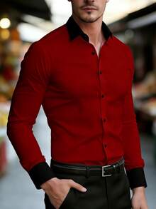 Men's Slim Fit Red & Black Contrast Collar Long Sleeve Casual Shirt, Suitable For Daily Wear And Parties - Red - View 4