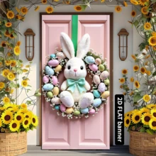 Happy Easter Door Cover Pink Bunny Easter Egg Wreath Design Hanging Banner For Indoor Outdoor Porch Decoration Background Gifts - Multicolor 2 - View 2