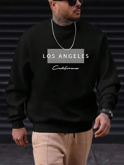 Plus Size Men's Casual Solid Color Printed Pullover Sweatshirt