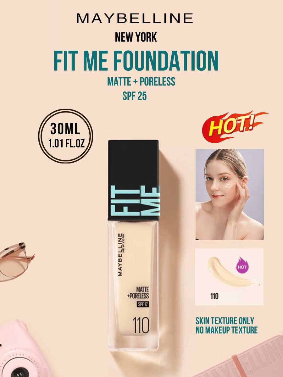 Maybelline 菲力特 (Fit Me) 霧面無瑕粉底液 SPF 17 #110 粉嫩白皙色，5/30毫升裝，24小時長效保濕，三效合一（定妝/補妝/提亮），無妝感，霧面無膚妝效，長效肌膚保濕，三步輕鬆上妝，適合粉調白妝。