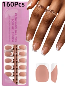 160 piezas de pegatinas de uñas cuadradas cortas, puntas de uñas de gel suaves francesas en marrón/blanco, adecuadas para uñas postizas DIY, minimalistas y versátiles, 16 tamaños, para suministros de uñas de mujer - Marrón - Ver 2
