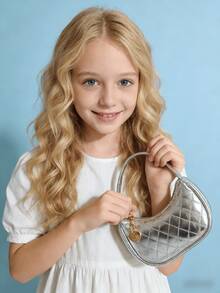 Girls' Embossed Rhombus Pattern Handbag, Holiday Gift, Fashion Princess Mini Purse, Crescent Moon Mini Bag, Gold/Silver - one-size - View 3