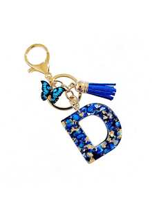 1个A-Y字母钥匙扣，精美蓝色流苏蝴蝶，英文字母钥匙扣，水晶树脂水滴吊坠，女士包包挂饰，汽车挂件，送给她的礼物