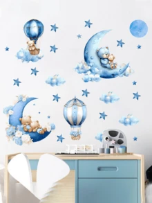 1 Set Creative Cartoon Bear Moon Hot Air Balloon Wall Stickers, Suitable For Children's Room, Living Room, Bedroom, Entrance, Self-Adhesive And Removable - Baby Blue - View 3