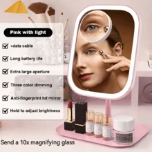 1pc LED Lighted Makeup Mirror, 3 Color Modes, Tabletop Vanity Mirror With Smart Touch Control, 360° Rotation, Storage Tray, Portable Travel Makeup Mirror, Rechargeable Foldable Detachable Vanity Mirror, Desk Makeup Mirror Replacement, Creative Valentine's Day/Women Gift