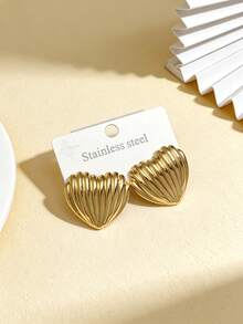 Lady Heart-Shaped Gold Earrings, Lady Girl Heart-Shaped Thick Gold Earrings, Geometric Texture Earrings, 18K Gold Plated Drop Earrings, Retro Heart-Shaped Earrings, Lightweight Declaration Earrings, Thick Golden Metal Earrings, Wedding Earrings, Stainless Steel Pendant Earrings, Low-Allergy, Nickel-Free, Lady Retro Exaggerated-Style Earrings - Multicolor - View 5