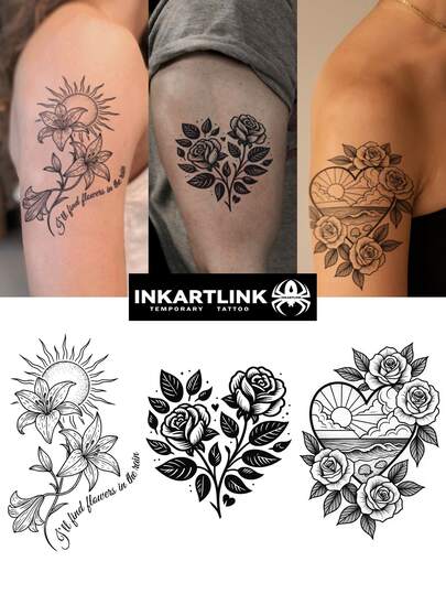  INKARTLINK 1pc Floral Sunrise Heart Rose Series Decorative Temporary Waterproof Body Art Tattoo, Long-Lasting 1-2 Weeks, Fruit Juice Tattoo, Suitable For Autumn/Winter Body Decoration, For Both Men And Women