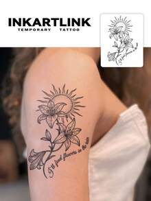 INKARTLINK 1pc Floral Sunrise Heart Rose Series Decorative Temporary Waterproof Body Art Tattoo, Long-Lasting 1-2 Weeks, Fruit Juice Tattoo, Suitable For Autumn/Winter Body Decoration, For Both Men And Women - Black - View 3