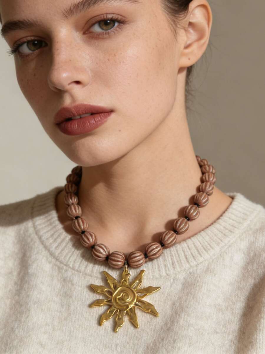 1 chiếc vòng cổ mặt dây chuyền hình hoa hướng dương bằng hợp kim, kiểu dáng tối giản, đa năng, thích hợp đeo hàng ngày cho nữ. - Mặt trời đính hạt - Xem 1