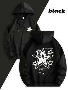 2026 Men's Fashion  Autumn Winter Kangaroo Pocket Hoodie, Star Letter Pattern Print, Casual Daily Comfortable Versatile Hooded Sweatshirt, Great Gift Loose And Comfortable, Casual And Easy-Going, Valentine's Day Hoodie For Couples, New Year Outfit For Women - màu đen - Xem 12