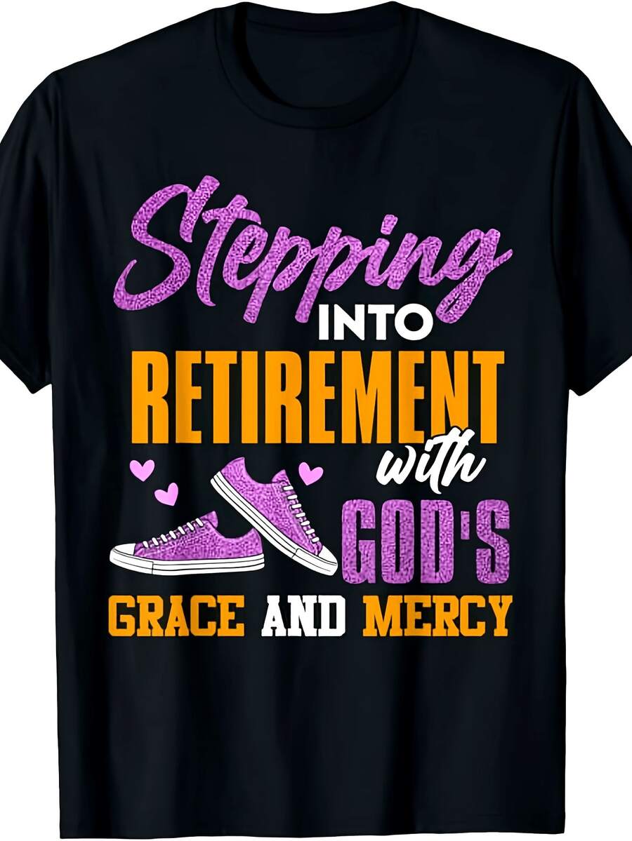 [Sporty T-Shirt]Men'S & Women'S Retirement Celebration T-Shirt - Funny Retirement Party Gift With "Stepping Into Retirement With God'S Grace & Mercy" Slogan - Heavyweight 220GSM Tee - With Purple & Orange Accents - Retirement Party Outfit - All-Season Fit - Ideal RRelaxed Plus Size T-Shirt - 黑色 - 查看 1
