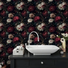 1 Roll Vintage Red & White Floral Self-Adhesive Wallpaper, Vinyl Material, Easy To Tear And Stick, Removable, Wall Paper, Black Background With Floral Pattern, Self-Adhesive Wallpaper, Decorative Wall Sticker, Suitable For Home Decor, Living Room, Bedroom, Kitchen, Etc. - Multicolor - View 5