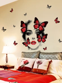 1pc Creative Girl Face & Red Butterfly Wall Sticker Decor For Living Room, Bedroom, Background Beautification, Removable Matte Self-Adhesive Wall Decal, Suitable For Living Room, Bedroom, Kids Room, Home Decor Sticker, Wall Sticker, Vinyl Sticker, Spring Decor, Adds Vitality To Your Home, Rama Decor Sticker Gift, Birthday Graduation Gift - Multicolor - View 4