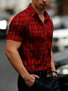 Men's Red Plaid Print Short Sleeve Button-Down Shirt, Casual Slim Fit Summer Holiday Shirt - Red - View 3