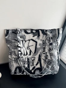 Bolso de lona, gran capacidad portátil, nuevo bolso de hombro multifuncional de moda para mujeres con estampado de graffiti, bolso de mano para estudiantes universitarios, mochila literaria para estudiantes, adecuado para mujeres o estudiantes, perfecto para guardar libros, artículos de compras, útiles escolares, bolso de mano para mujeres, artículo esencial para la universidad - Blanco y Negro - Ver 8