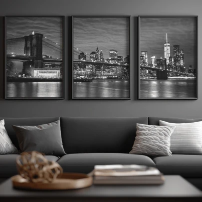 3幅现代墙面艺术海报，逼真帆布墙画 - 风景帆布油画，黑白纽约市天际线艺术布鲁克林大桥 - 现代家居装饰，黑白风格，旅行艺术，带框或不带框，房间装饰，家居装饰，大学宿舍公寓装饰，酒店，家庭，客厅，卧室，浴室和办公室墙面装饰礼品