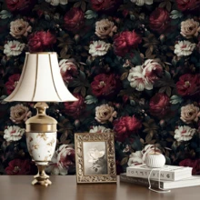 1 Roll Vintage Red & White Floral Self-Adhesive Wallpaper, Vinyl Material, Easy To Tear And Stick, Removable, Wall Paper, Black Background With Floral Pattern, Self-Adhesive Wallpaper, Decorative Wall Sticker, Suitable For Home Decor, Living Room, Bedroom, Kitchen, Etc. - Multicolor - View 7