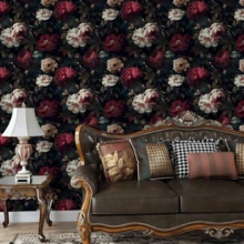 1 Roll Vintage Red & White Floral Self-Adhesive Wallpaper, Vinyl Material, Easy To Tear And Stick, Removable, Wall Paper, Black Background With Floral Pattern, Self-Adhesive Wallpaper, Decorative Wall Sticker, Suitable For Home Decor, Living Room, Bedroom, Kitchen, Etc. - Multicolor - View 2