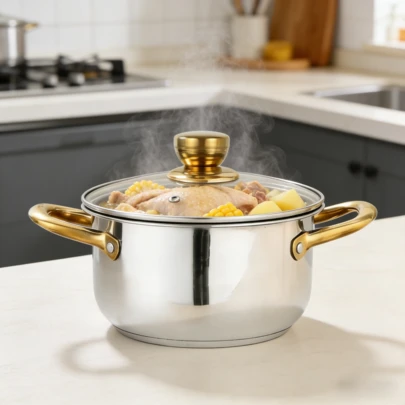 24cm Olla de sopa de acero inoxidable 304 dorada, utensilios de cocina con fondo sándwich, fácil de limpiar, ideal para regalos festivos y la cocina del hogar