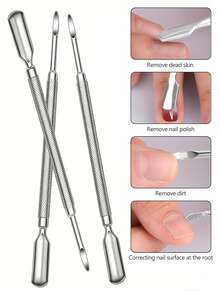 3pcs Metal Silver Cuticle Pusher And Remover, Nail Clipper/Cutter/Stainless Steel Gel Scraper Tools, Nail Polish Remover/Stripper, Salon Manicure Pedicure Cleaner For Fingernails And Toenails, Double-Ended Design - Silver - View 1