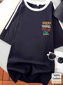 Women's Summer Casual Graphic Short Sleeve Mid-Length T-Shirt, Stylish Contrast Stripe Top - Black - View 2