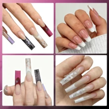 75pcs New Acrylic Reusable French Manicure Nail Tips, Includes 15 Different Sizes Of Nail Forms, Trapezoid French Nail Molds, Decorative Glitter & Rhinestones, Suitable For Acrylic/Extension Gel, French Ombre Line Design, Professional Nail Tools & Accessories For Salon And Home Use - White - View 3