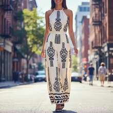 Black Floral Print Halter Neck Jumpsuit: Back-Tie Detail With Fitted Waist In White For Resort Vacations, Garden Parties And Modern Style For Women. - 混合色 - 查看 2