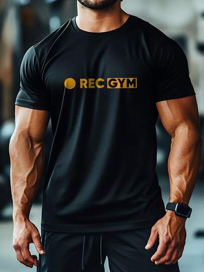 男士透气休闲短袖圆领T恤，渐变图案，涤纶混纺，可机洗，适合夏季运动、休闲和健身活动。