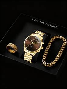 2pcs/Set Men's Gold Tone Strap Casual Business Minimalist Bar Marker Quartz Watch & Bracelet Set, Suitable For Daily Wear, Decoration Or Holiday Gift - Gold - View 7