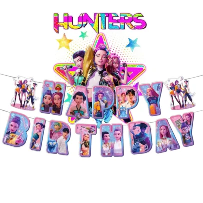 Pancarta de cumpleaños de KPOP Hunter - Grande de 7.1 pulgadas Pancarta de bienvenida de fiesta de cumpleaños, con personajes de dibujos animados, decoración de pared con temática de anime vibrante, adecuada para fiestas, tamaño de letras de 5.6x7.1 pulgadas
