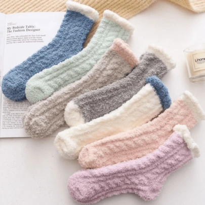 1pair/3pairs Coral Fleece Socks, Women Thickened Anti-Slip Indoor/Sleeping Socks For Autumn/Winter